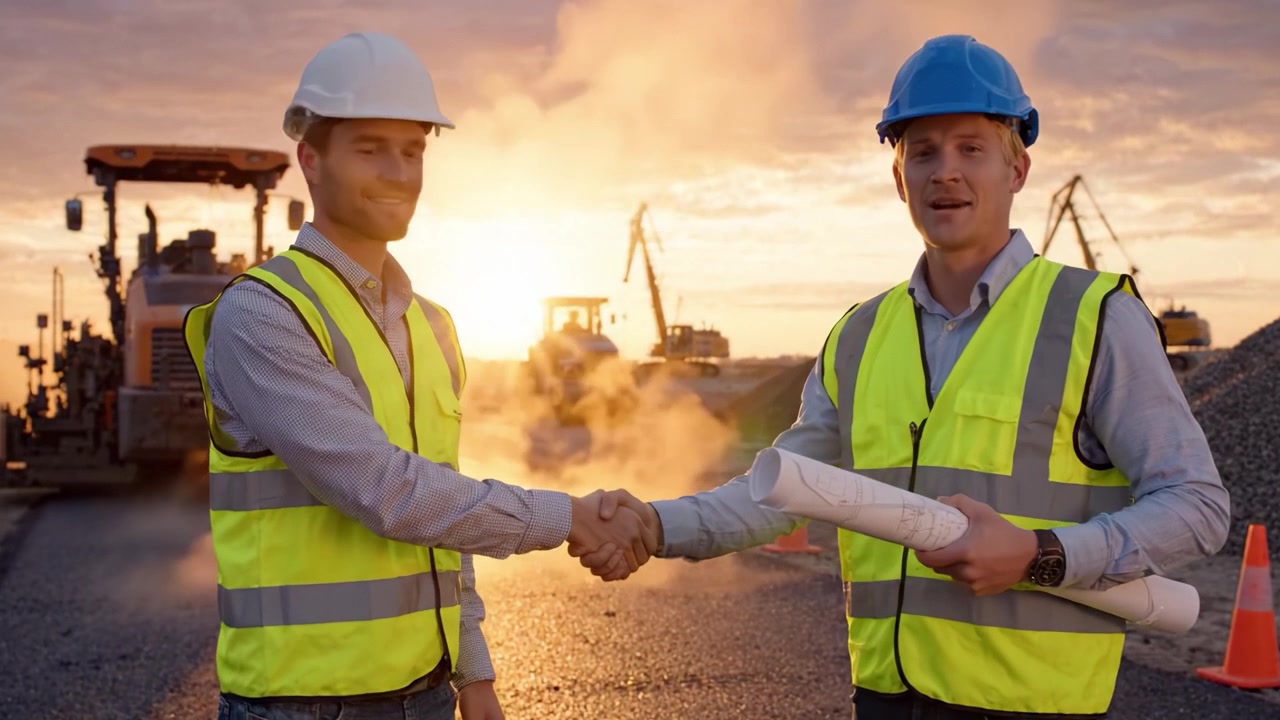 Two construction workers reviewing project plans at a construction site during a stunning sunset, showcasing teamwork and progress in the building industry.