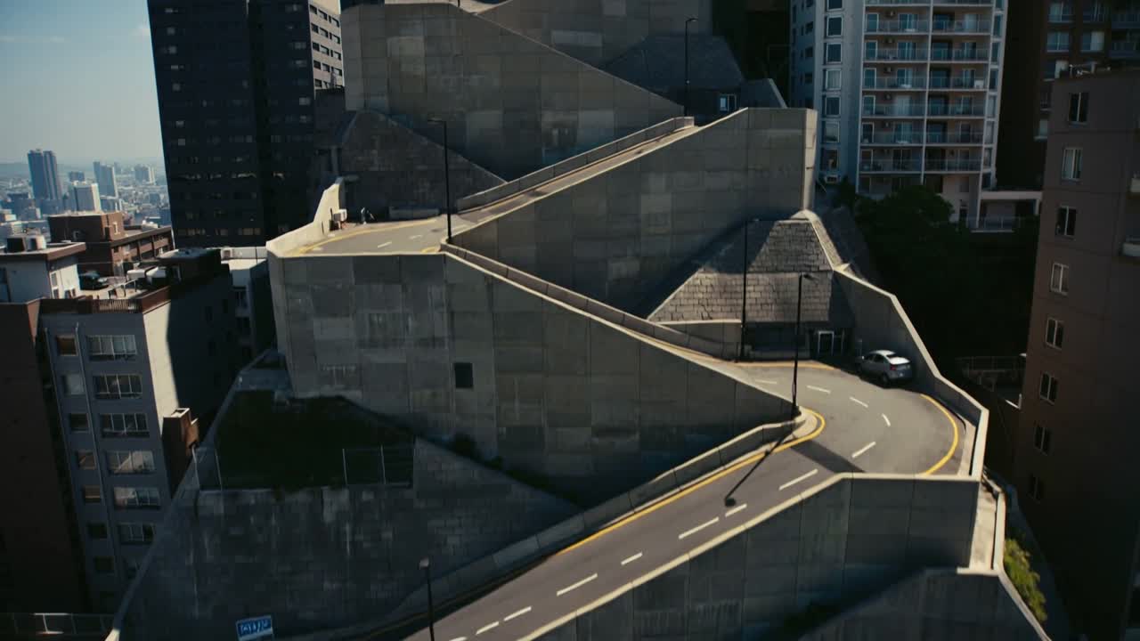 Carro branco pequeno saindo de um nicho, subindo uma rampa em ziguezague entre torres e alcançando os níveis superiores.