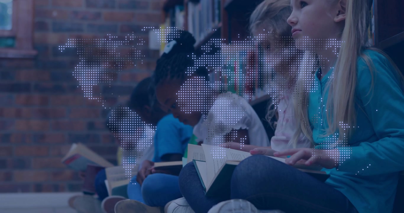 Six classmates reading in school library while world map overlay shifting right revealing children