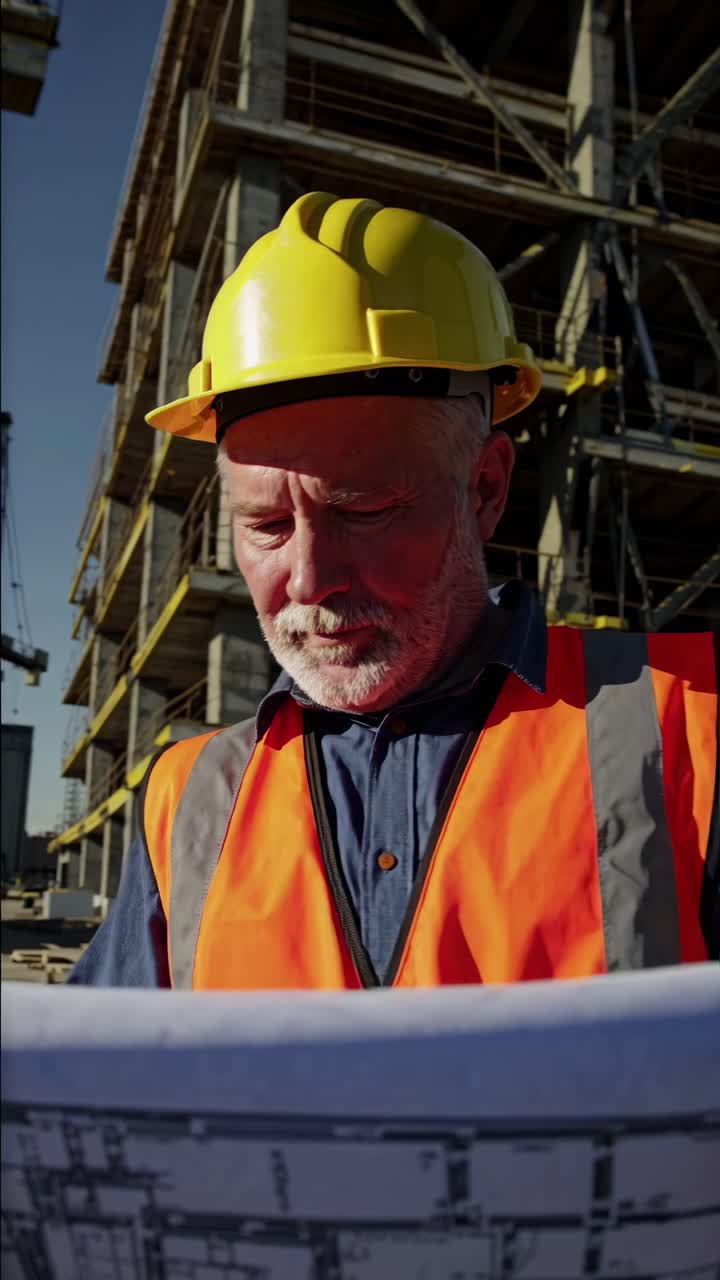 Close-up, low-angle shot of a construction worker in a hard hat examining blueprints