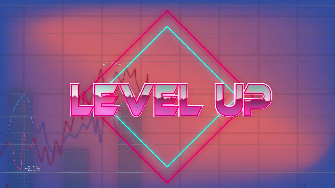 파란색 배경에서 모양과 데이터 처리 위에 레벨 업 텍스트의 애니메이션