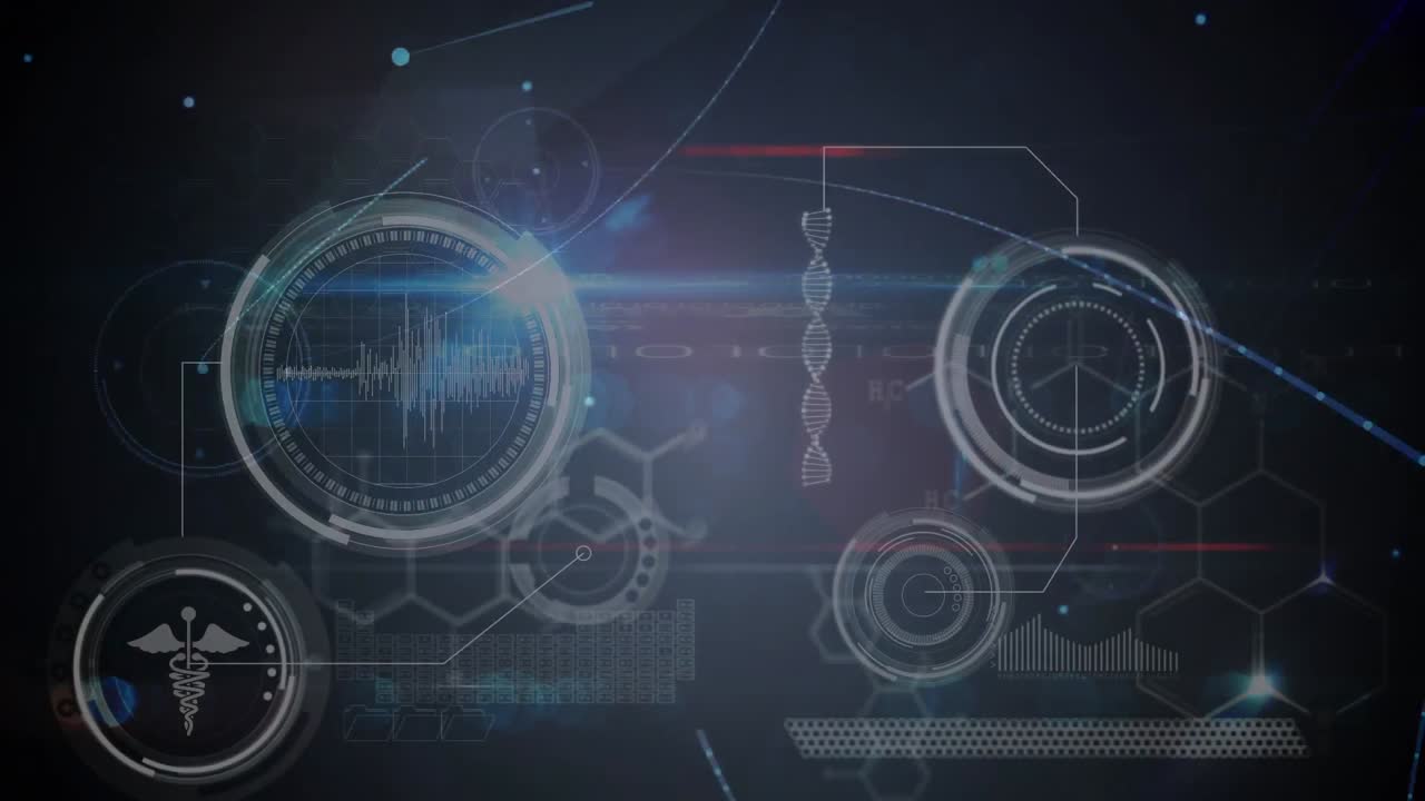 Animation of network of connections over dna strand and medical data processing on screen