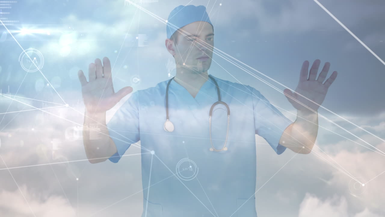 코카시안 남성 의사와 하늘 위의 연결 네트워크와 데이터 처리 애니메이션