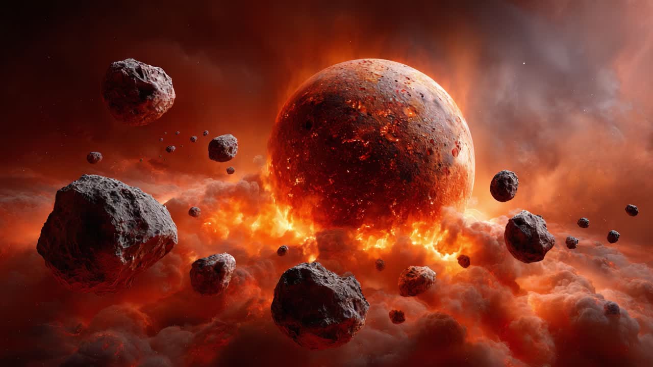 A Dramatic Cosmic Scene of a Fiery Planet Surrounded by Asteroids in a Luminous and Chaotic Space Environment Captured in Two Stunning Frames
