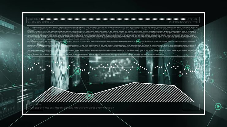 Animation of data processing on graph over screens with graphs, networks and dna on black background