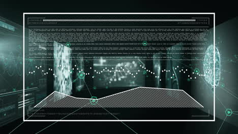 Animation-Der-Datenverarbeitung-Auf-Einem-Diagramm-über-Bildschirmen-Mit-Diagrammen,-Netzwerken-Und-DNA-Auf-Schwarzem-Hintergrund