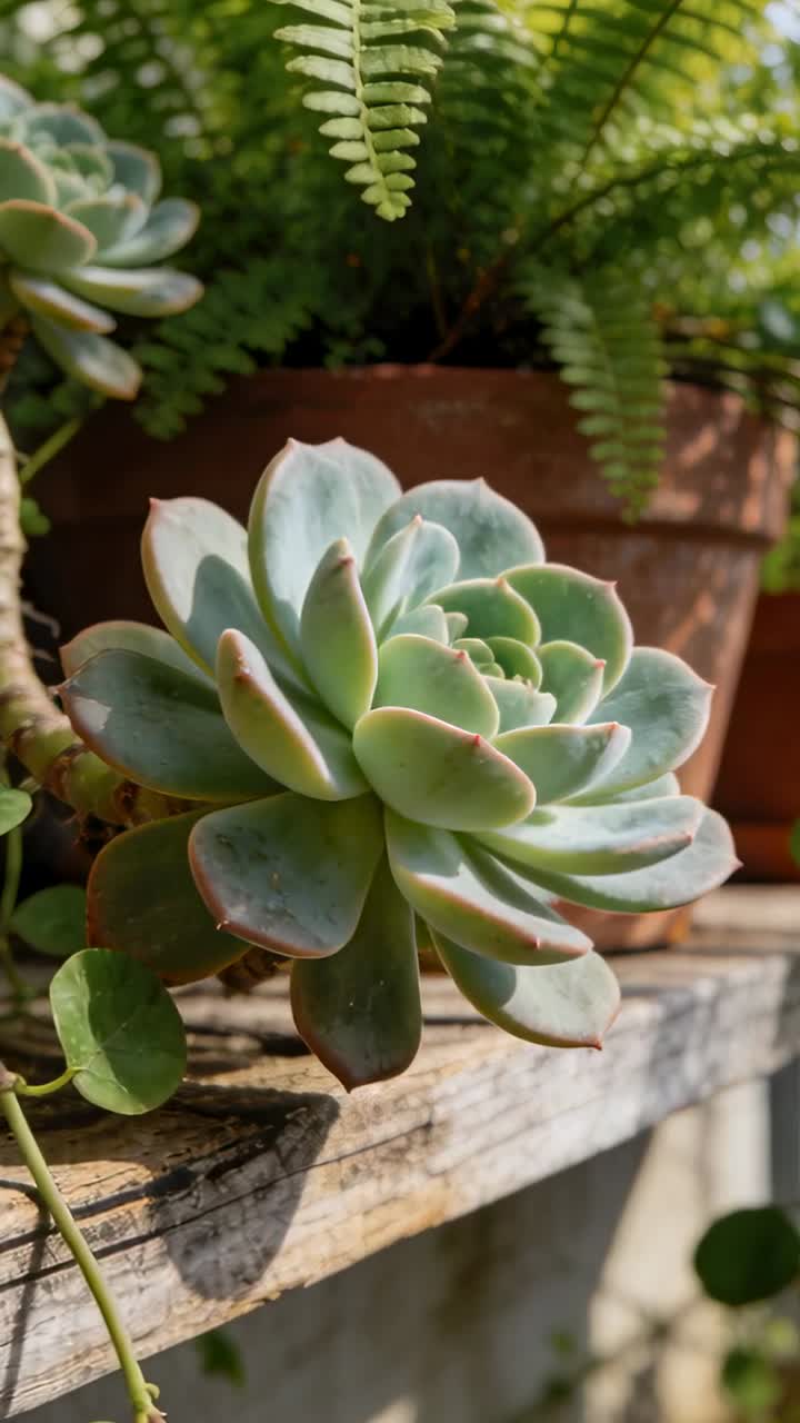 Video verticale: Telecamera che si muove avvicinando una succulenta a rosetta su uno scaffale illuminato dal sole, rivelando un vaso di argilla