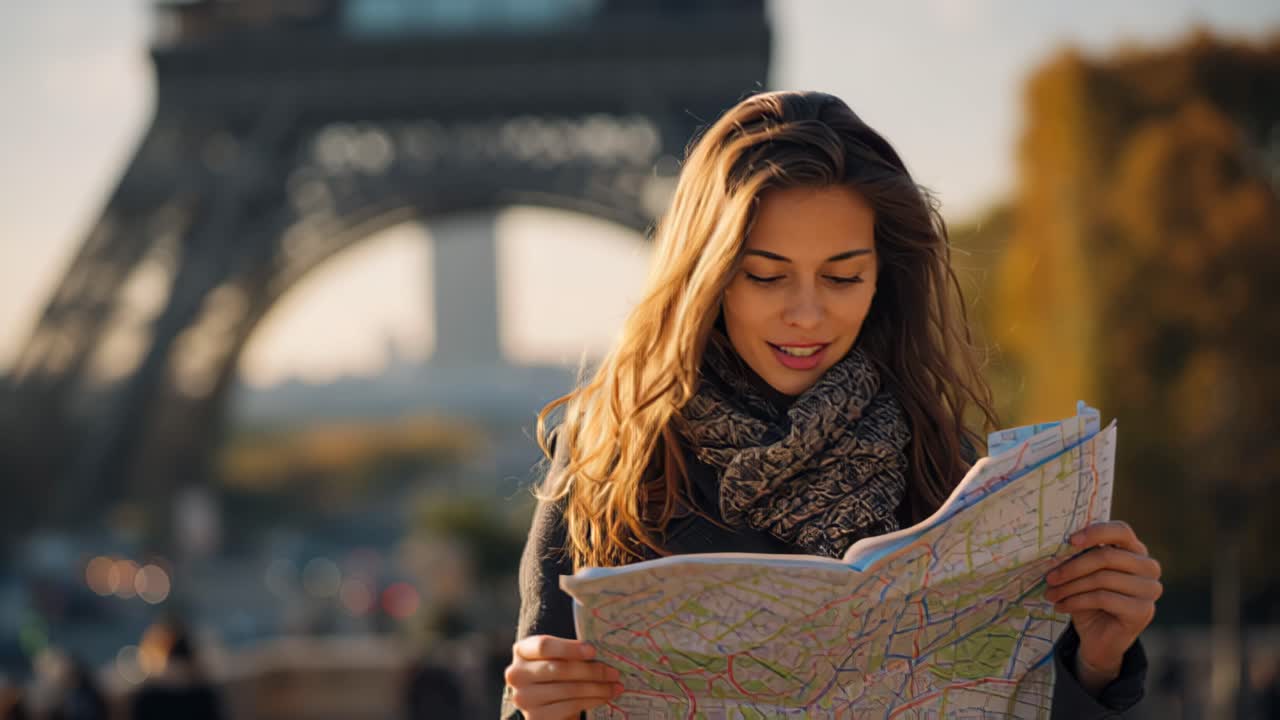 Riprese di una giovane turista che legge una mappa cartacea della città all'aperto con la Torre Eiffel sfocata sullo sfondo, Parigi, Francia, concetto di pianificazione di viaggio e giro turistico.