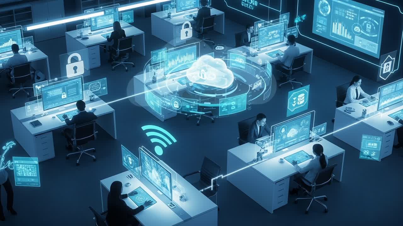 Innovative Workspace Visualization Depicting Cloud Technology Integration with Robust Data Analytics and Networking in a Modern Office Environment