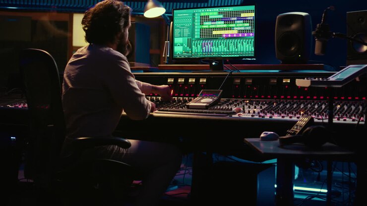 Audio technician mixes individual tunes to create balanced sound after recording
