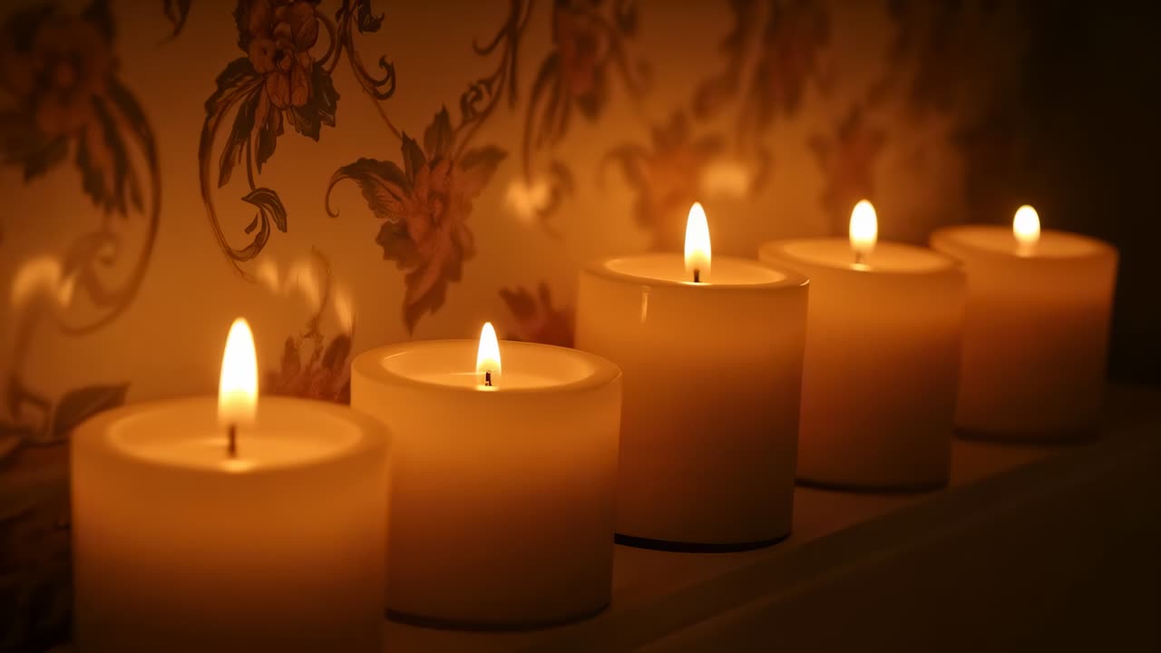 File di cinque candele a colonna tremolanti su un ripiano, con fiamme che sciolgono la cera e proiettano calde ombre floreali