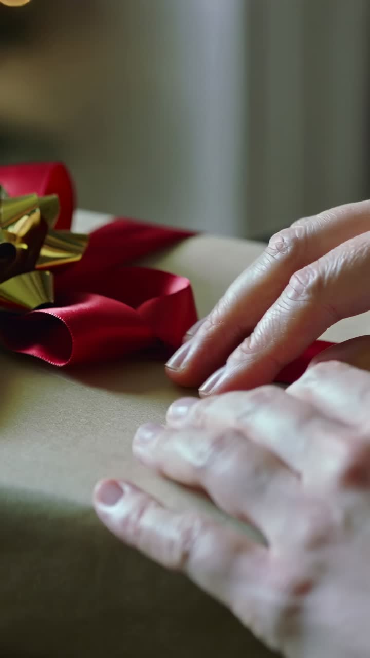 Vertical video: Resting hands peeling kraft paper on tabletop, uncovering red ribbon and gold bow