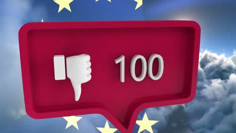 Animation-of-unlike-icon-with-numbers-on-speech-bubble-with-european-union-flag-and-clouds