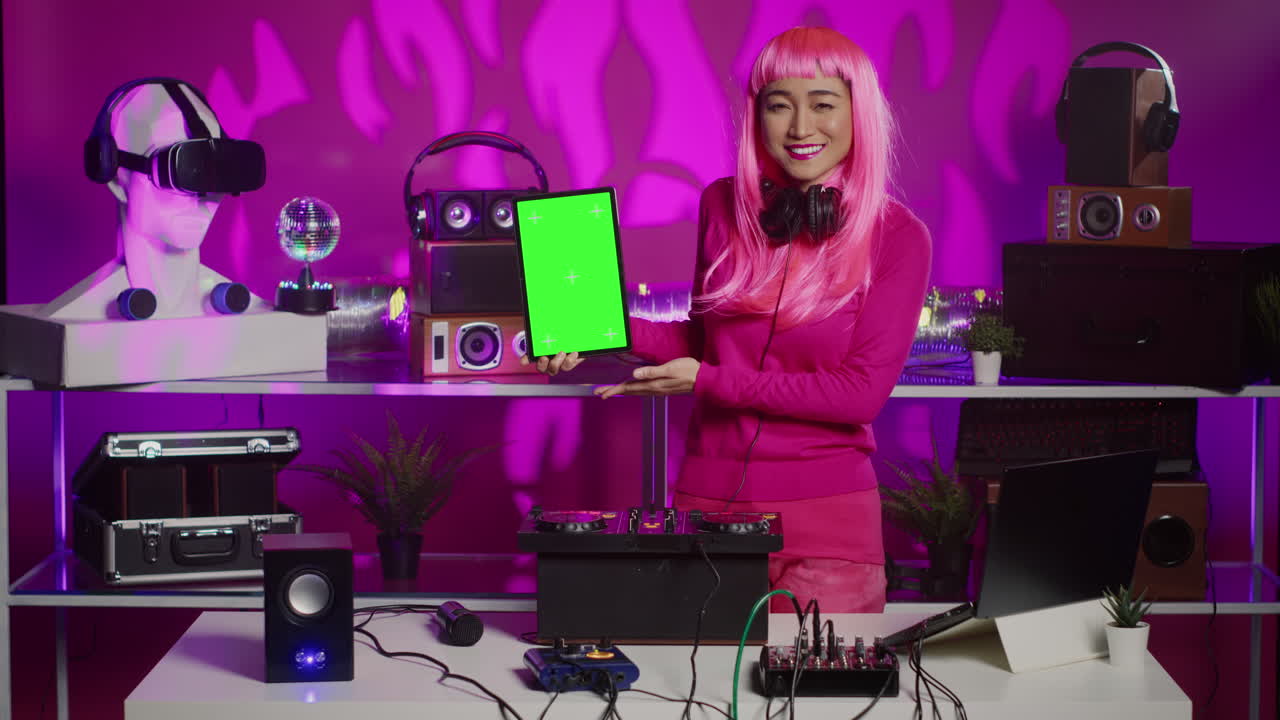 Woman with Pink Hair Holding Tablet with Green Screen in Studio