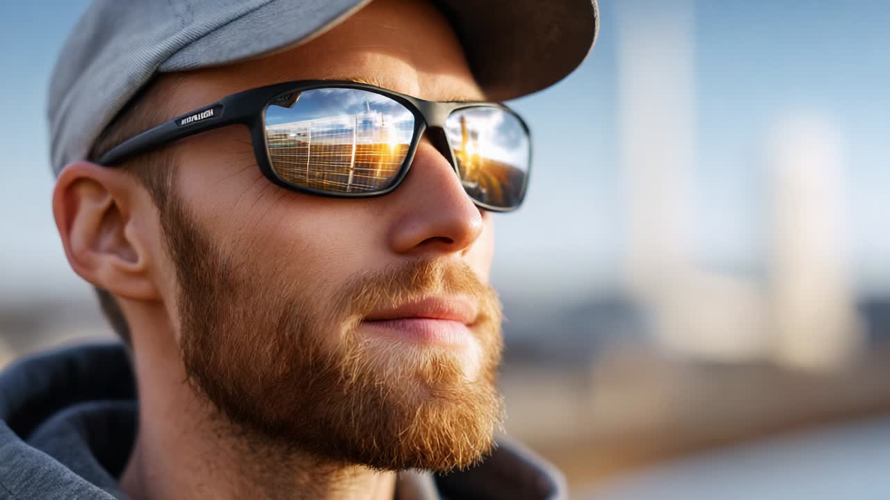 A Thoughtful Man in Sunglasses Gazing into the Distance with Reflections of a Clear Blue Sky and Cloudless Horizon, Capturing a Moment of Serenity and Adventure in a Bright Outdoor Environment