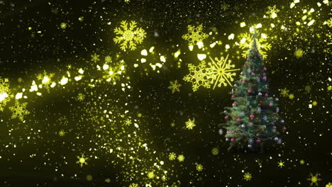 christmas tree with ornaments and glowing snowflakes animation on dark background