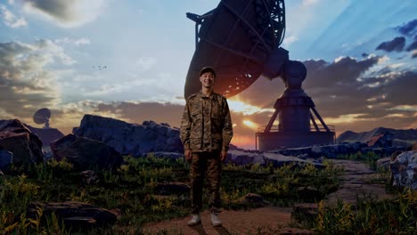 full body of asian man soldier standing and smiling to camera with satellite dish