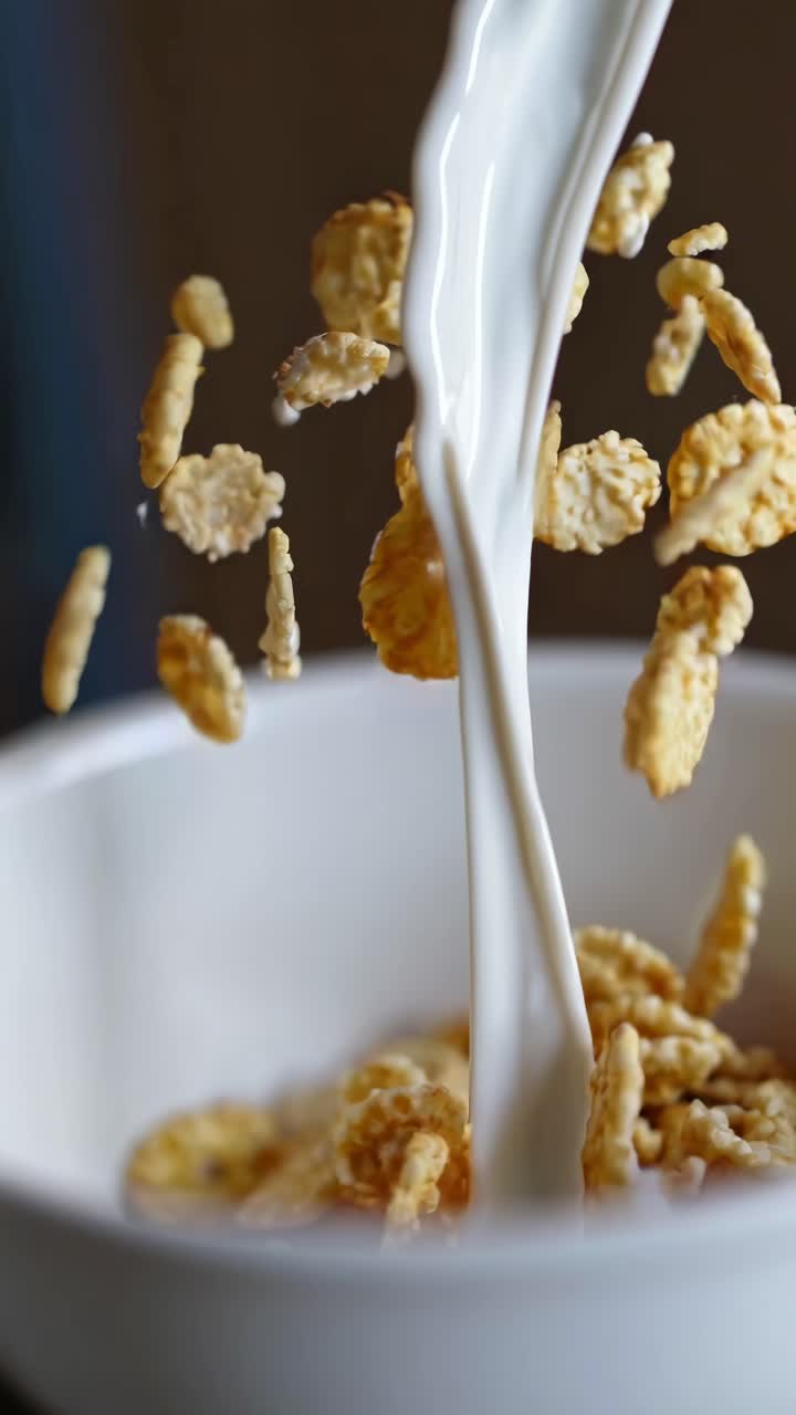 Close-up video shot of milk pouring into a bowl of cereal from a high angle, capturing dynamic