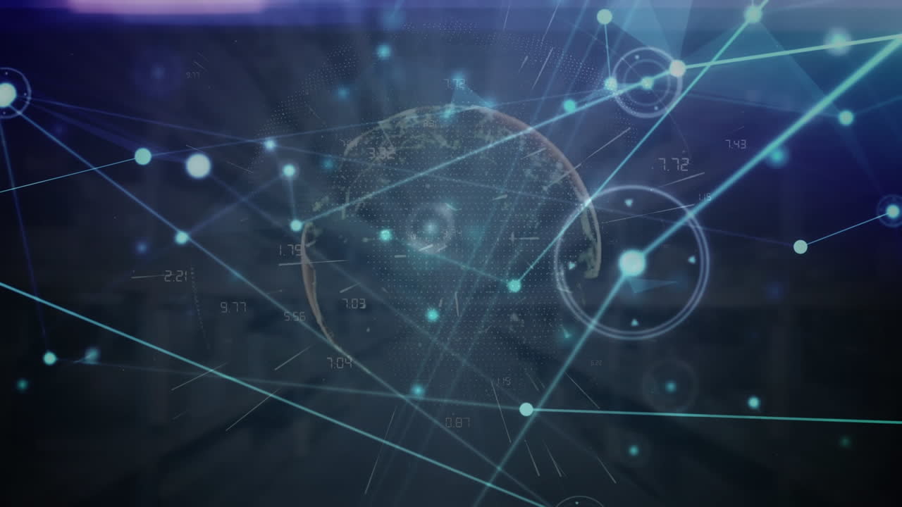 animación de la red de conexiones y senderos de luz sobre el globo sobre fondo azul