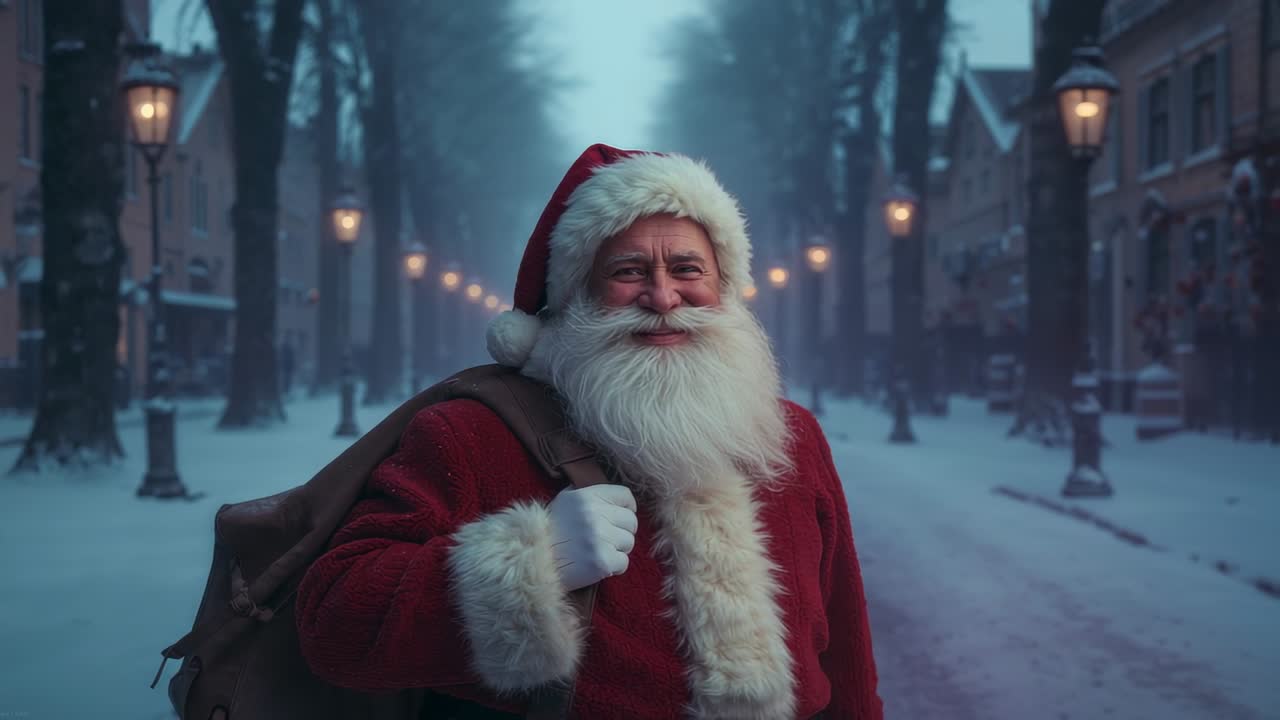 Appearing at street end, gift-carrier striding carrying brown sack delivering gifts on snowy street