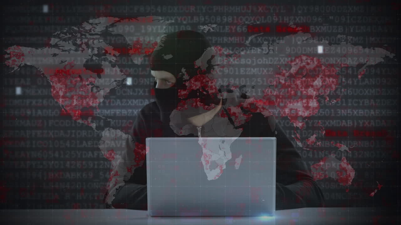 animación del procesamiento de datos sobre un hacker con una computadora portátil