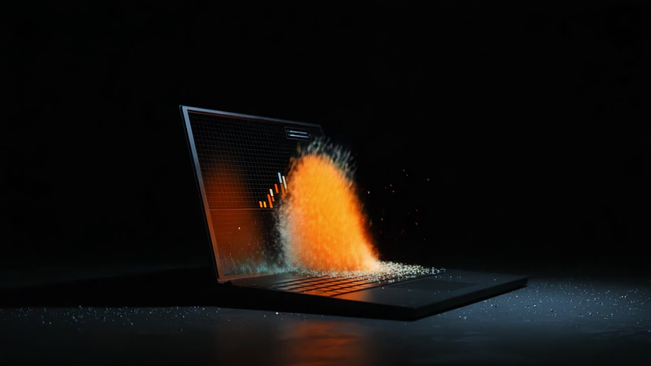 A captivating visual representation of data emerging from a laptop screen, showcasing dynamic charts and particles that symbolize digital information and analytics in a dark environment
