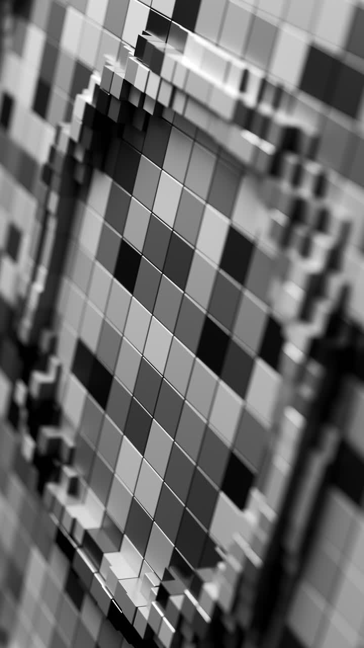 Sfondo 3D ad anello con pattern circolare verticale pixelato in scala di grigi. Rendering in 3D