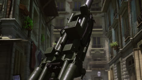 military weapon positioned in an urban environment during a tense moment