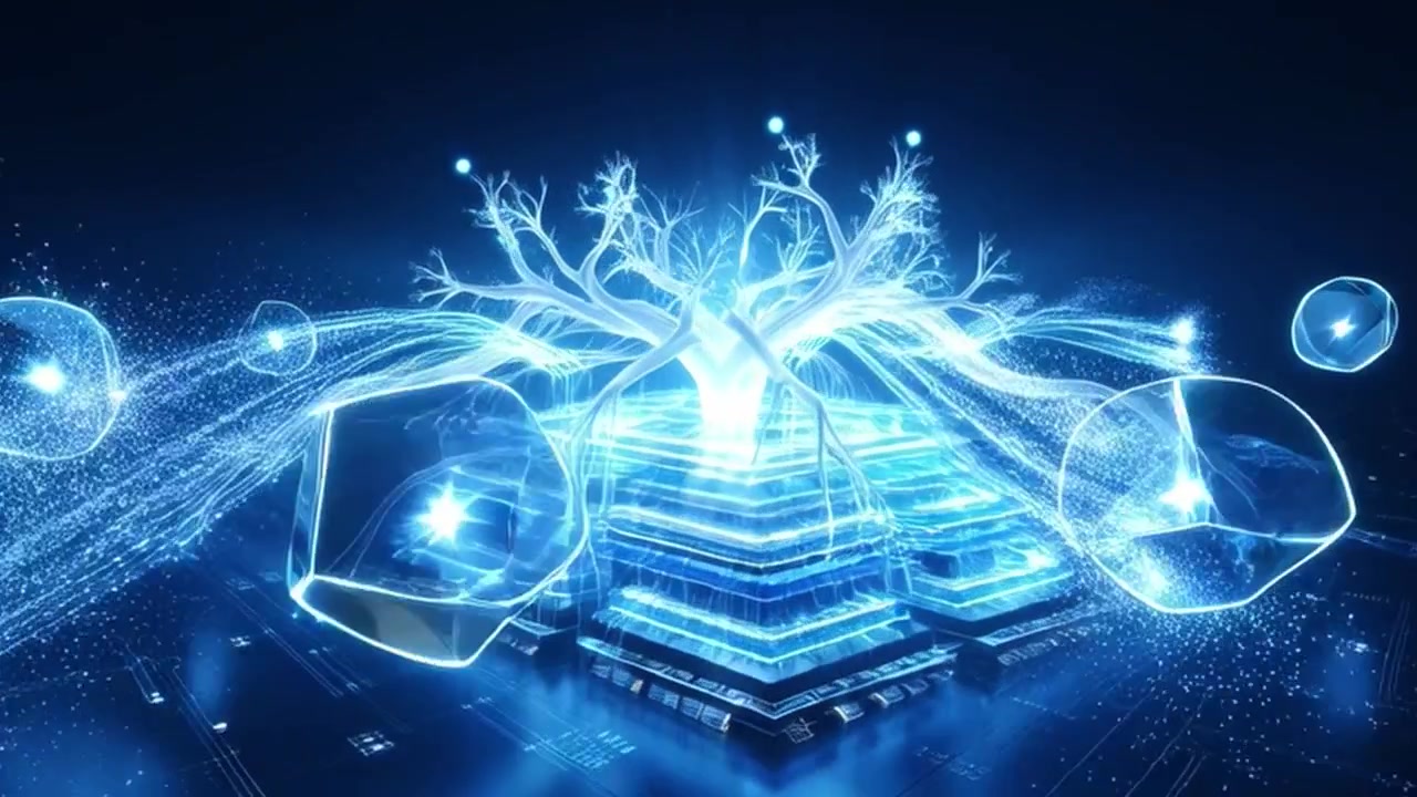Digitalt nevralt nettverk som vokser ut fra en glødende mikrochipprosessor