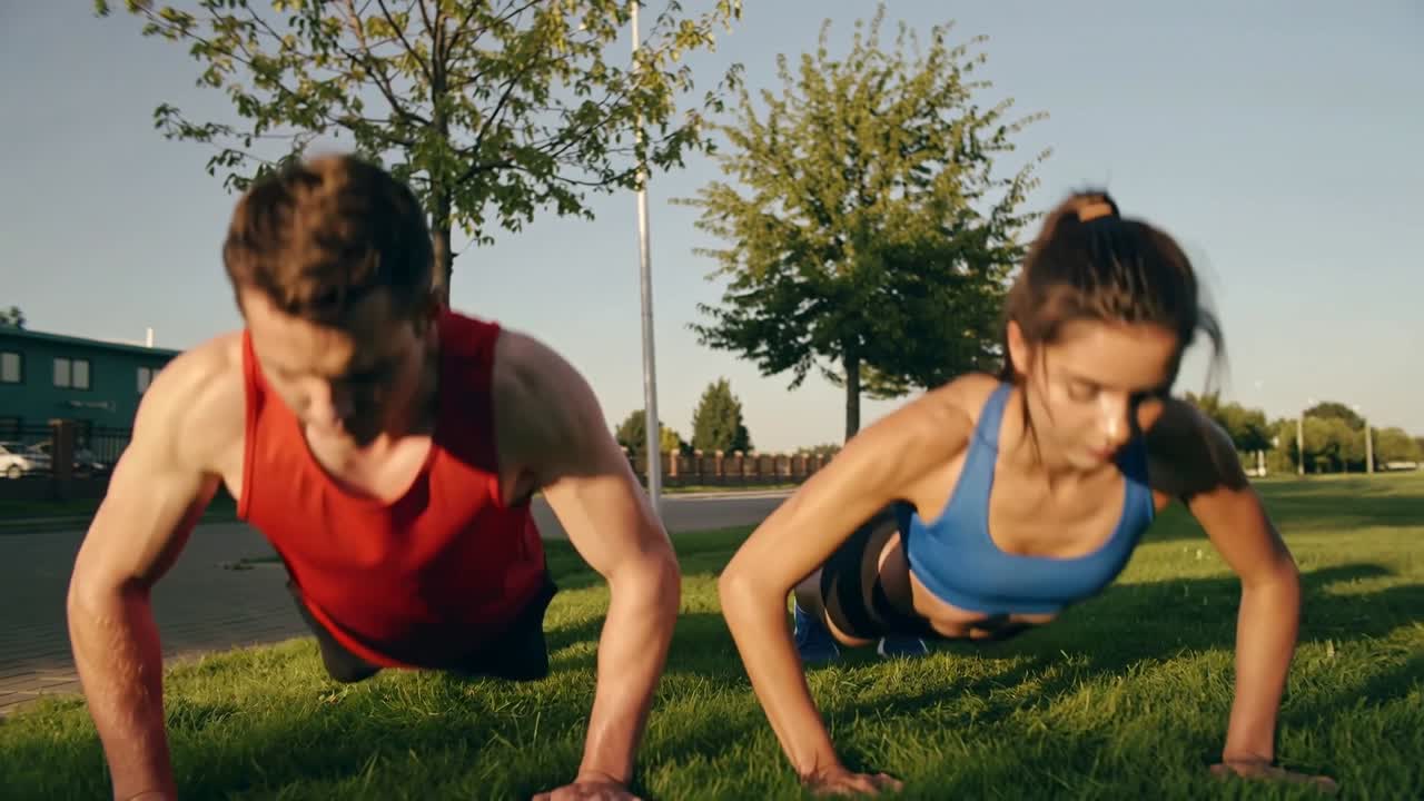 Due adulti che eseguono flessioni sincronizzate sull'erba del parco, indossando abiti sportivi, allenandosi.