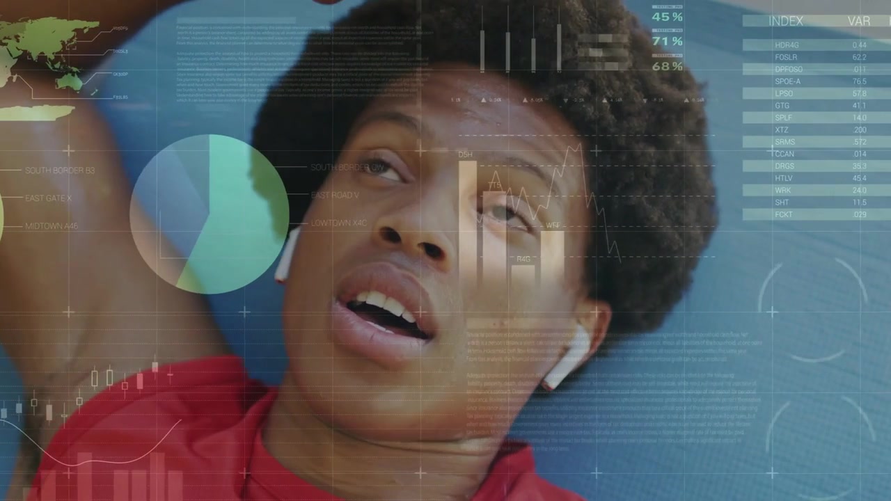 Breathing heavily post-set, red-top man lifting arm, resting on blue mat with white earbuds and HUD