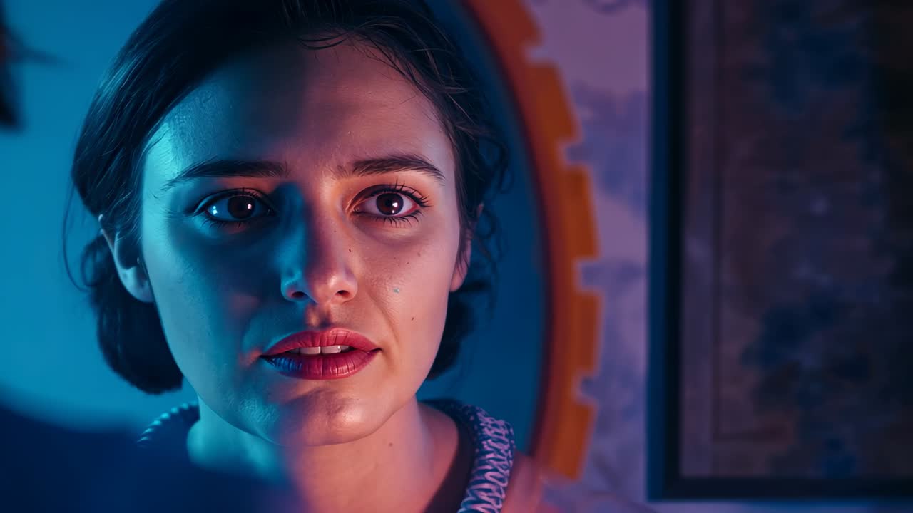 Reacting woman with low bun and braided necklace softening into smile near panel as partner speaks