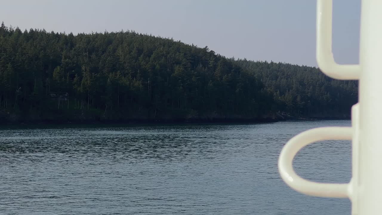 미국 워싱턴 오르카스 섬의 유람선에서 본 무성한 녹색 산