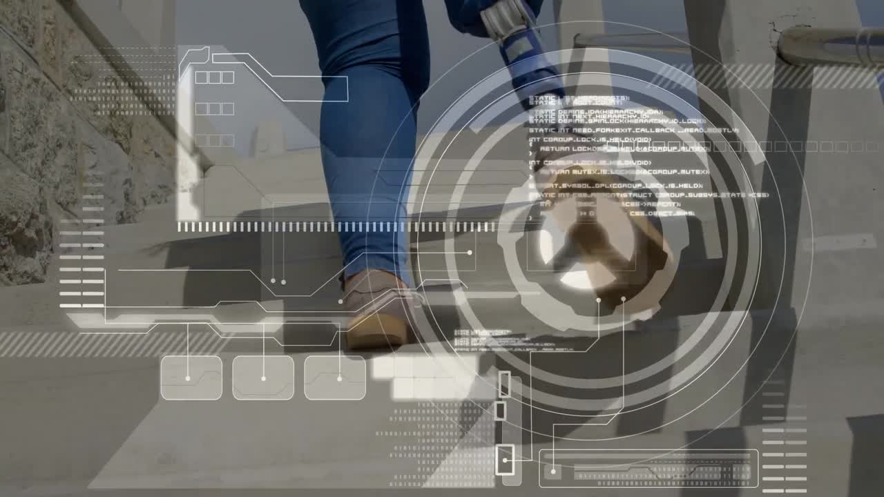 animación del procesamiento de datos con una mujer con una pierna protésica en el fondo