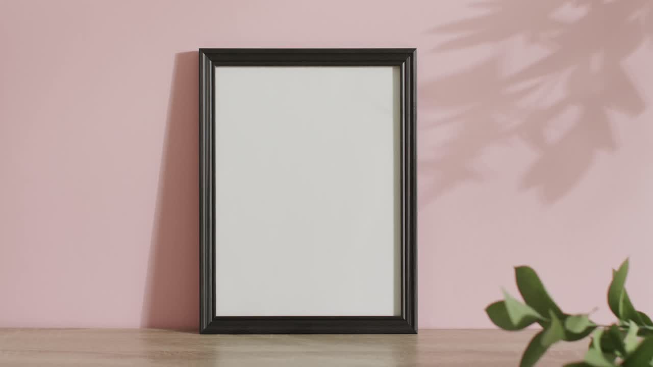marco negro con espacio de copia en fondo blanco y sombra de hoja contra la pared rosa