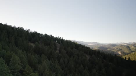 Drohnenaufnahme,-Die-Die-Goldenen-Farbtöne-Eines-Sonnenuntergangs-In-Colorado-Einfängt-Und-Einen-Warmen,-ätherischen-Glanz-über-Eine-Weite-Fläche-Mit-Kiefern-Bewachsener-Berge-Wirft