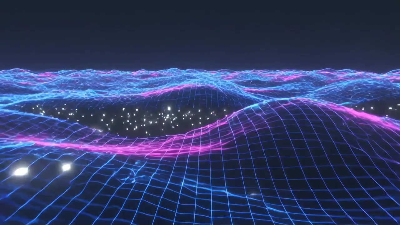 Dollying cam forward tilting, showing waving neon mesh with magenta crests, sparkles accenting glow
