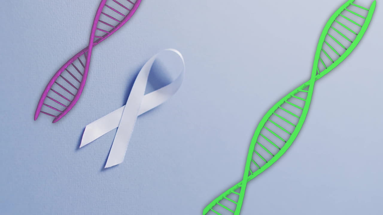 Animation af DNA-strenge og hvidt bånd på blå baggrund