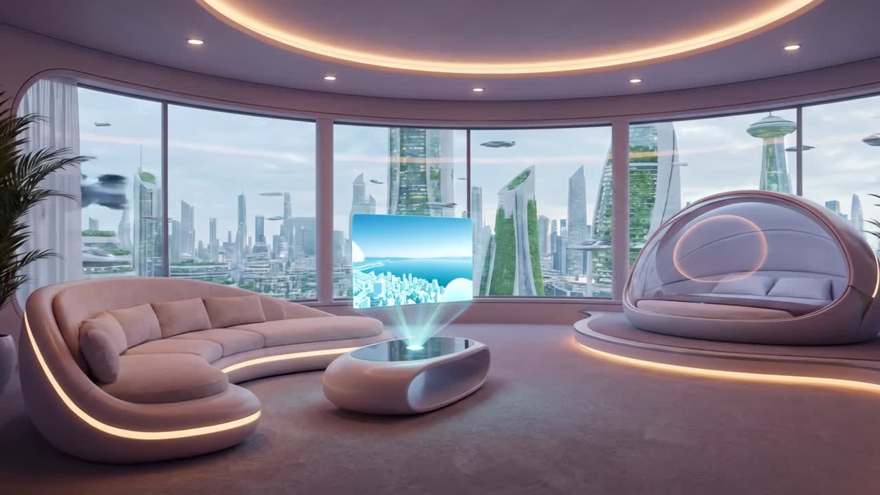 Futuristisk stue med holografisk skærm og byudsigt