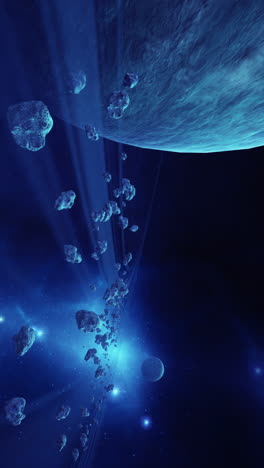 stunning space scene: asteroids streaming past a planet