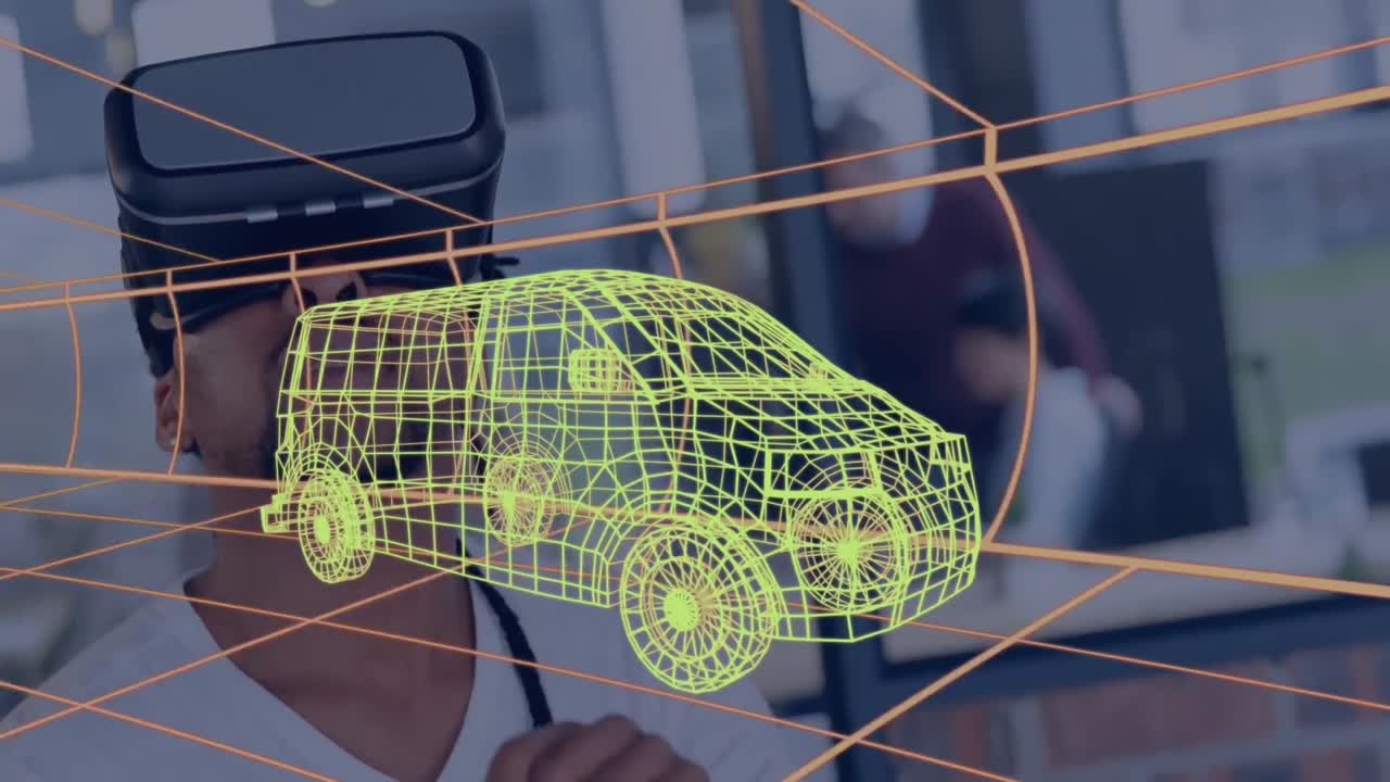 vr 헤드 ⁇ 을 사용하여 사람 위의 자동차의 디지털 3d 드로잉의 애니메이션