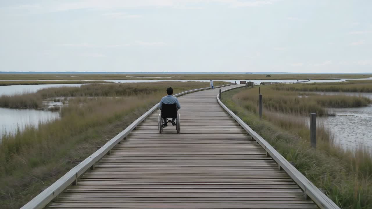 Centreret start, mand i manuel kørestol, der driver sig selv frem ad træpromenaden mod en person