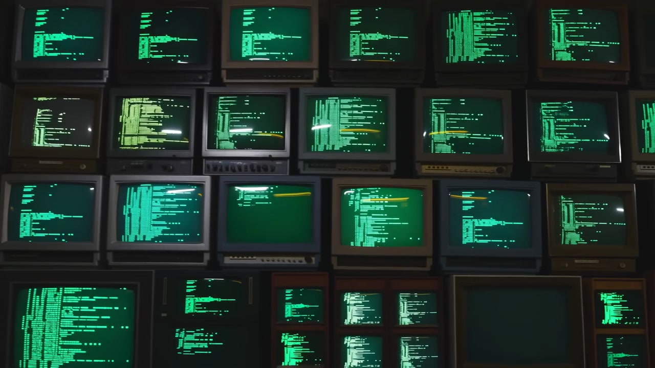 Rows of vintage CRT screens show shifting green command-line text and code on dark displays, creating a layered control-room view with low light, screen glow, and repeated rectangular forms.