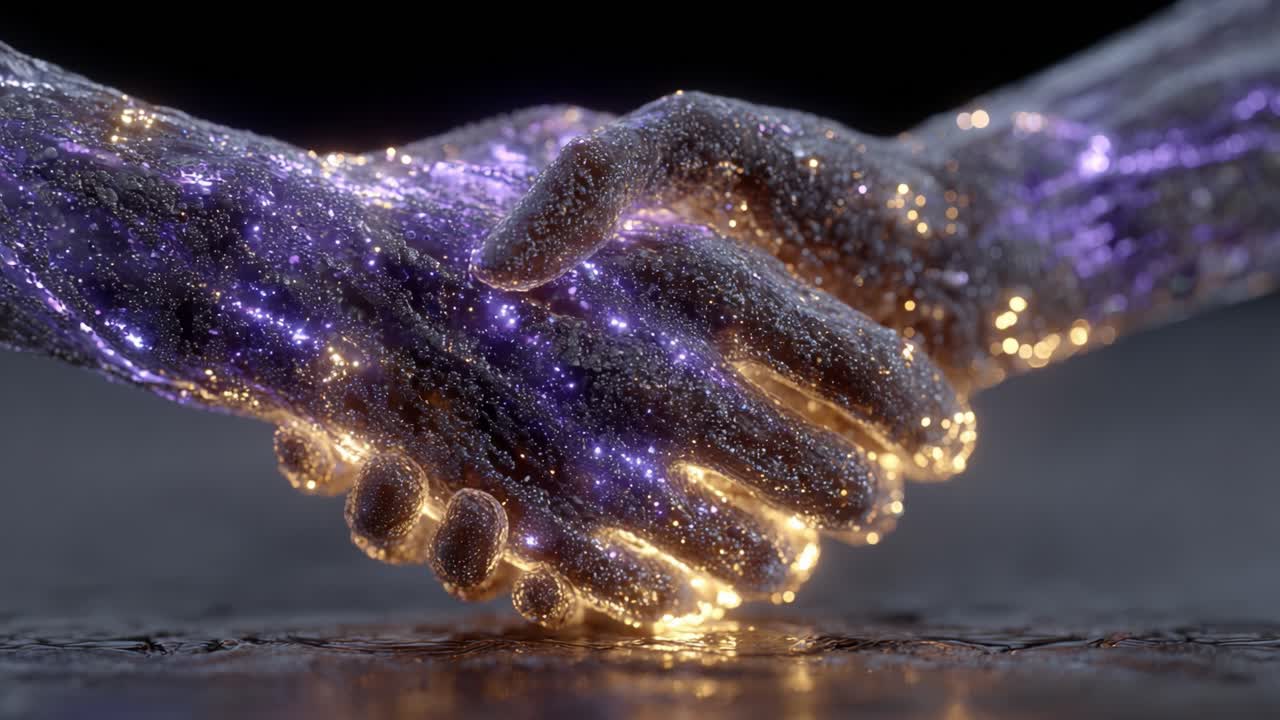 Two robotic hands shaking in a futuristic digital environment, symbolizing a high tech agreement, with glowing particles of purple and gold energy flowing through their connected forms