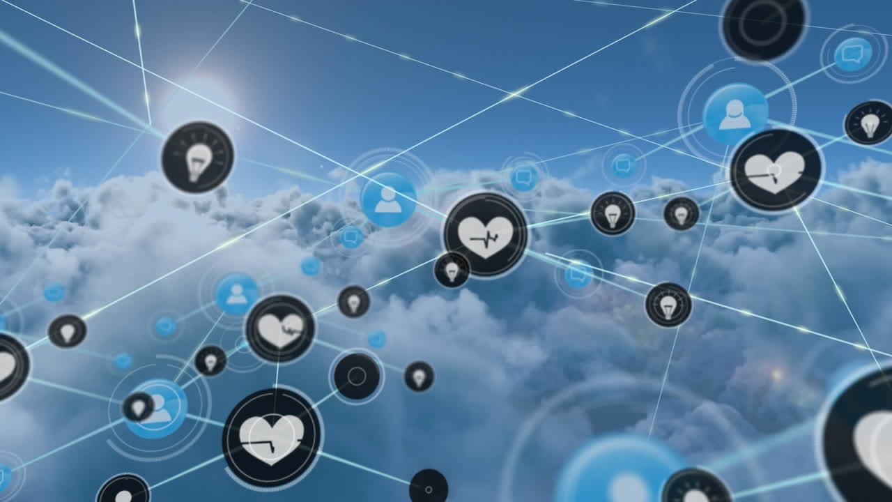 클라우드 상의 디지털 아이콘으로 연결 네트워크의 애니메이션