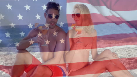 Animation-of-flag-of-usa-over-caucasian-couple-on-beach-in-summer