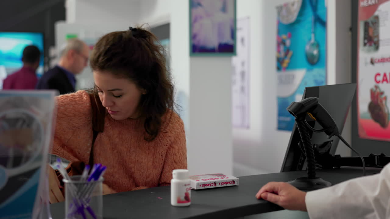 Pharmacy scene with customer and pharmacist