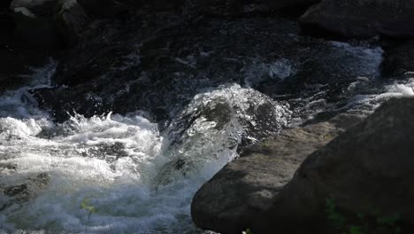 un tiro de mano ligeramente tembloroso de una corriente de flujo rápido golpeando una roca