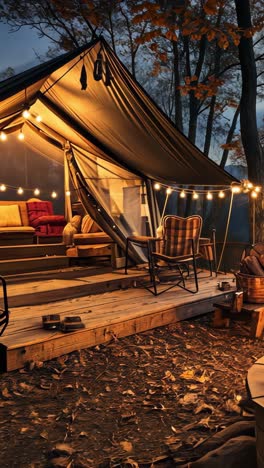 cozy camping setup with a warm fire in the mountains at sunset