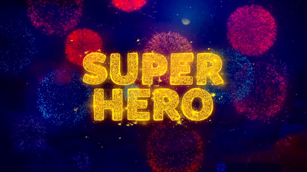 슈퍼 히어로 텍스트는 다채로운 불꽃놀이 폭발 입자입니다.